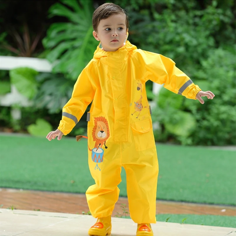 Children Rainwear And Rain Pants Sets Kids Boys Girls Waterproof Jumpsuit Hooded One-Piece Cartoon Dinosaur Waterproof Baby Suit