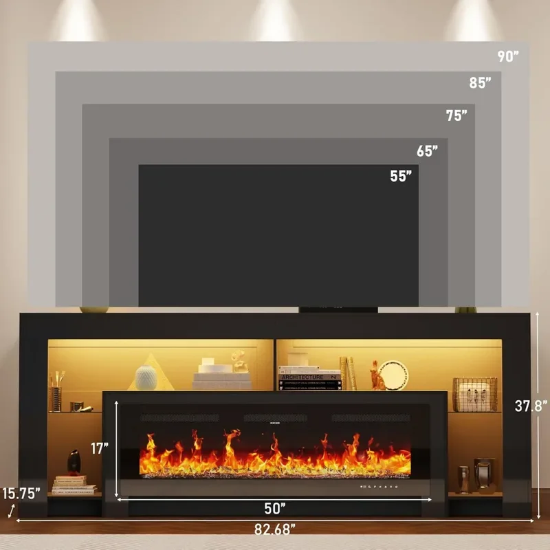 حامل تلفزيون حديث عالي اللمعان مقاس 82 بوصة مع مدفأة مقاس 50 بوصة، ومركز ترفيه مع لهب إلكتروني وأضواء LED