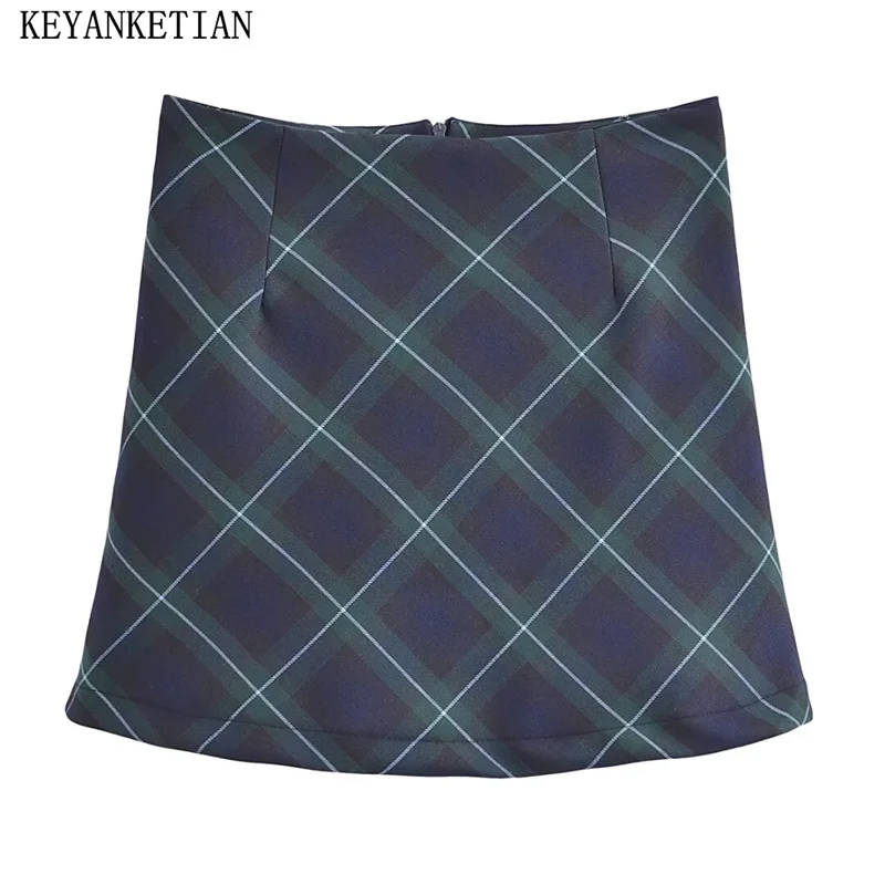 

KEYANKETIAN 2024 New Launch Women's Argyle Plaid Mini Skirt Preppy Style Summer Zipper High-Waisted A-Line Skirt Vintage Skort