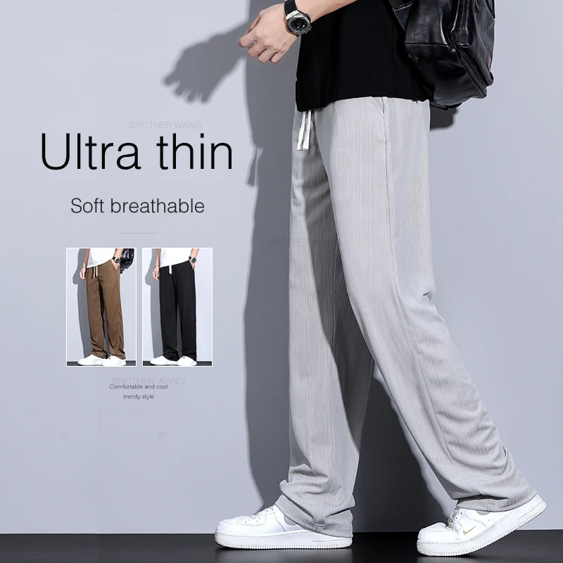 

Spring Summer Ultra-thin Ice Silk Men's Casual Pants Soft Breathable Elastic Drawstring Jogging Pants Loose Drawstring Trouser