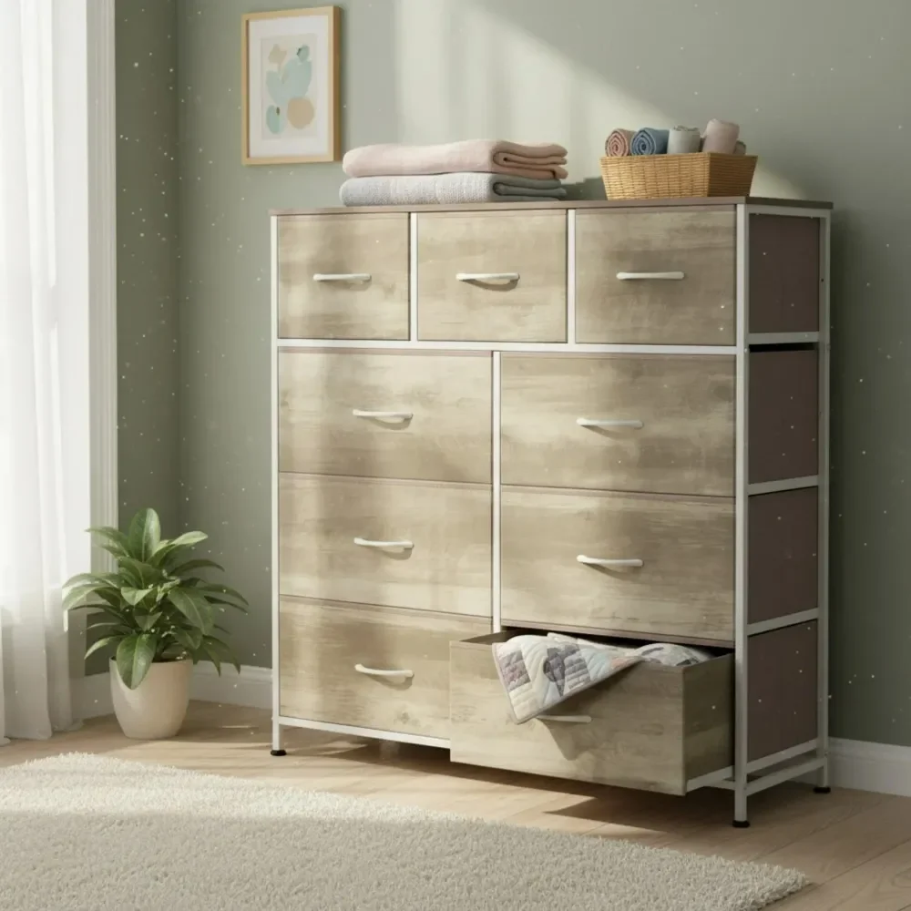 

9Drawer Dresser, Fabric Storage Tower For Bedroom, Hallway, Entryway, Closet, Tall Chest Organizer Unit With Fabric Bins, Steel