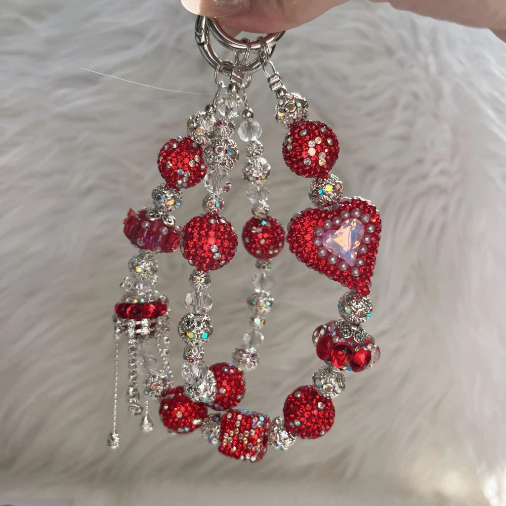 Stilvolle, zarte, doppellagige, mit Perlen eingelegte Strasssteine, Handy-Anhänger-Kette für Handy, Tasche und Schlüsselanhänger