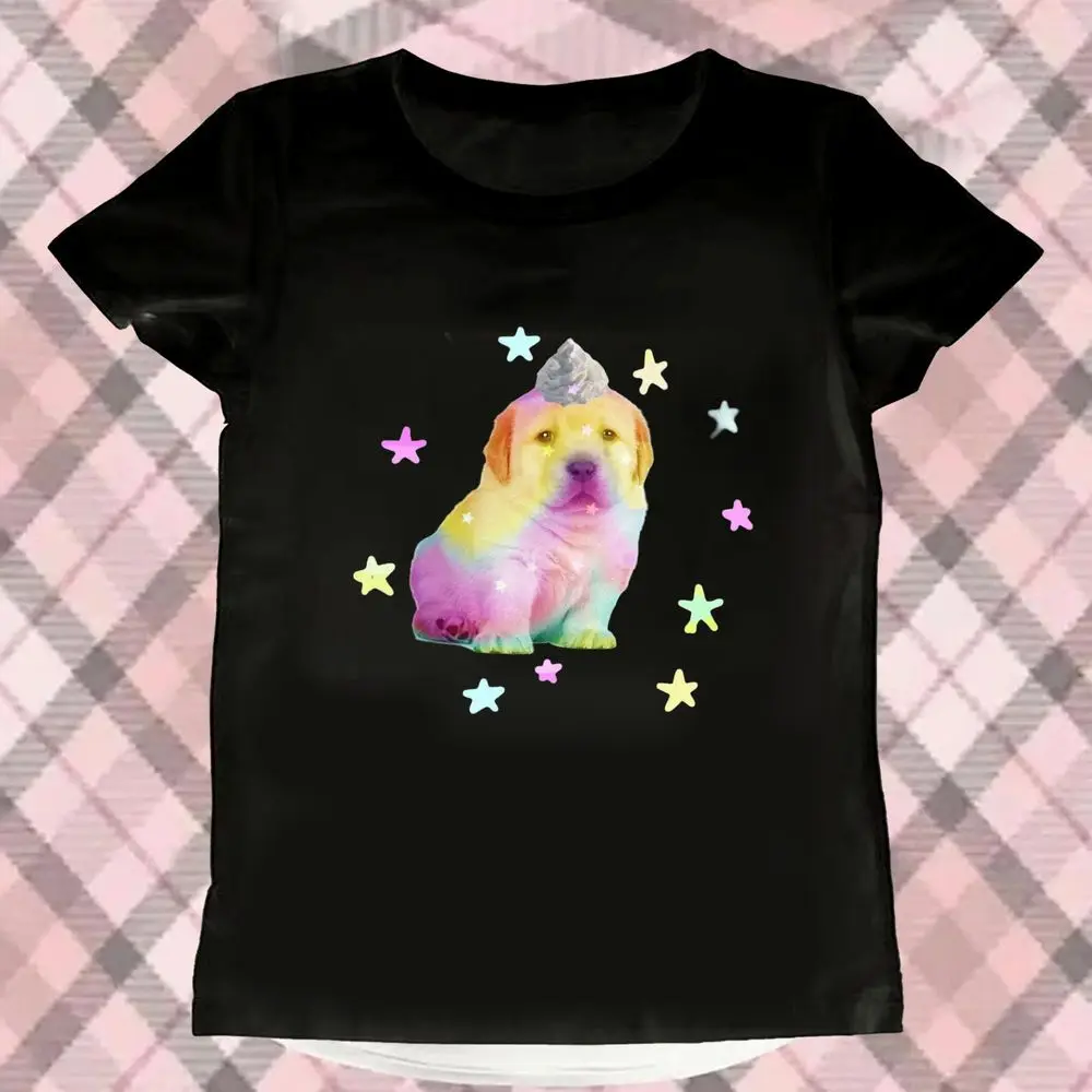90s Rainbow Puppy Graphic T-Shirt Women Summer Short Sleeve Star Print Vintage Top Female Casual Dopamine Harajuku Y2k Clothing
