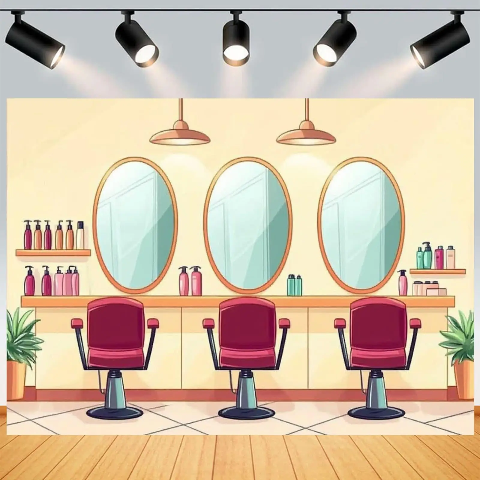 Friseursalon-Hintergrundstoff im Cartoon-Stil – lebendiges Schönheitssalon-Thema mit Spiegeln und Regalen