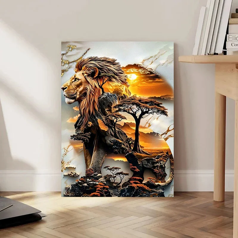 Multiple sizes 1pc frameless Canvas Painting,African Male Lion and Sunset Landscape Poster and Prints Canvas Painting Wall Art P