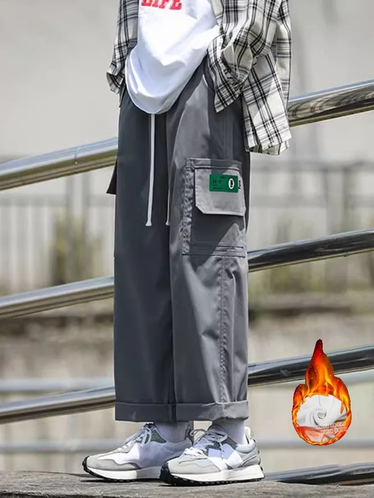 

Модные мужские брюки прямого кроя с флисовой подкладкой, утепленные повседневные брюки для работы, осенне-зимние свободные брюки с множеством карманов