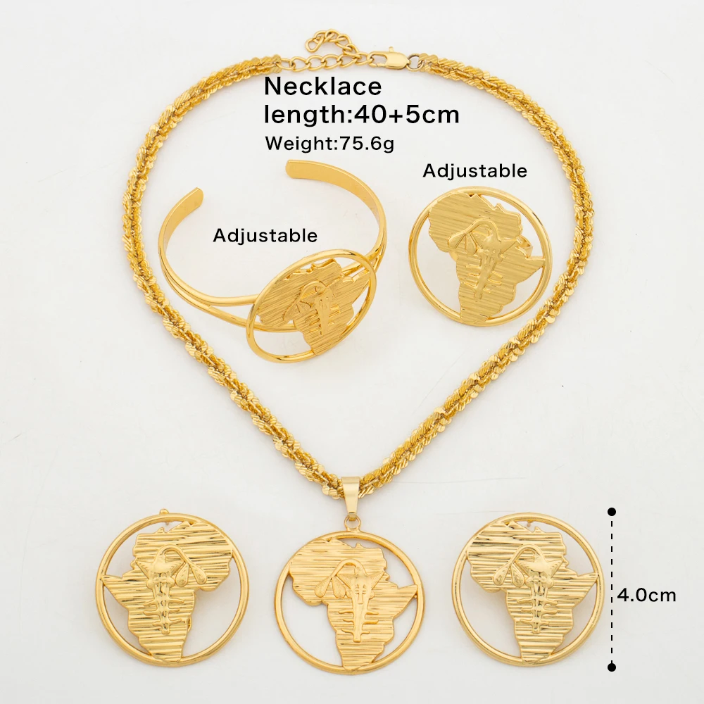 Hot Sale African Map Design Jewelry Set Elegant Women Gold Plated Clip Earrings 4PCS Set Jewelry Accessories Ethiopia Bride Gift