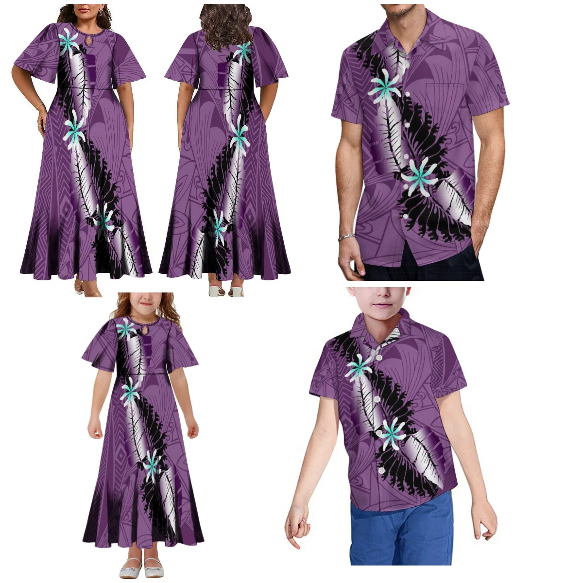 Pacific Island Design Long Pleated Skirt Women'S Floor-Length Dress Girls Long Skirt With Men'S Shirt Samoan Family Suit