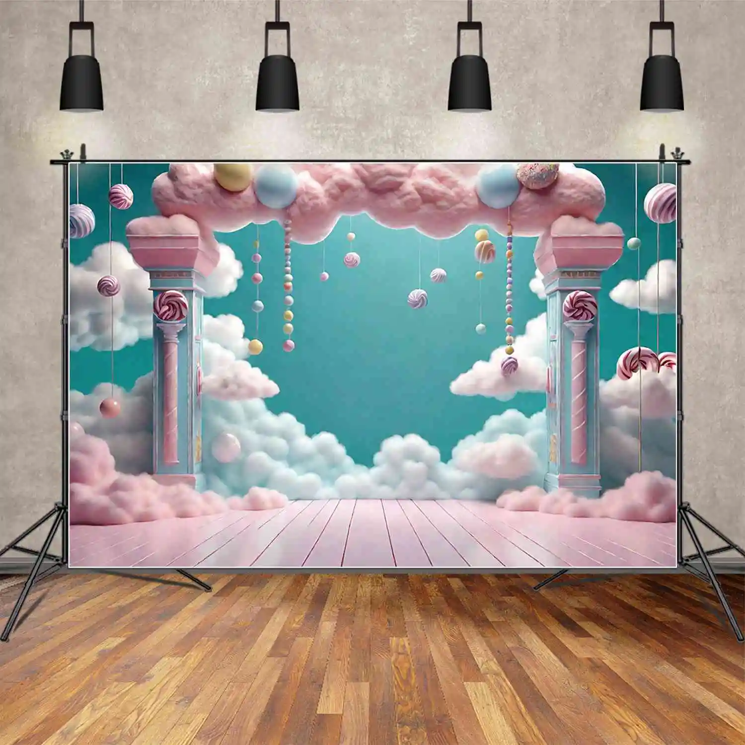 

MOON.QG Candy Floss Princess Birthday 1 Year Backgrounds Baby Shower Arch Gate Fairy Castle Backdrops Party Photozone Props