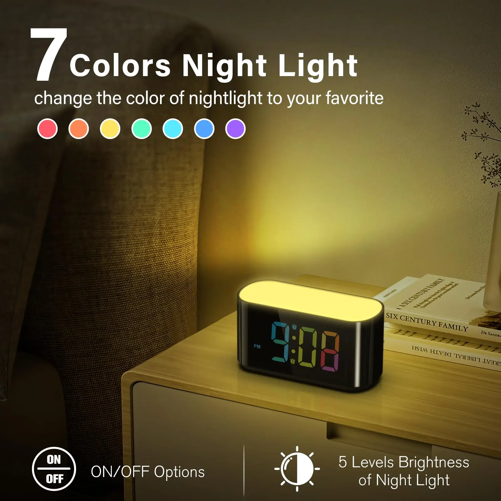 KERCHAN Rainbow Digital Alarm Clock for Bedroom, Large Display with Dimmer, Large Night Light with 7 Colors, Colorful Clock