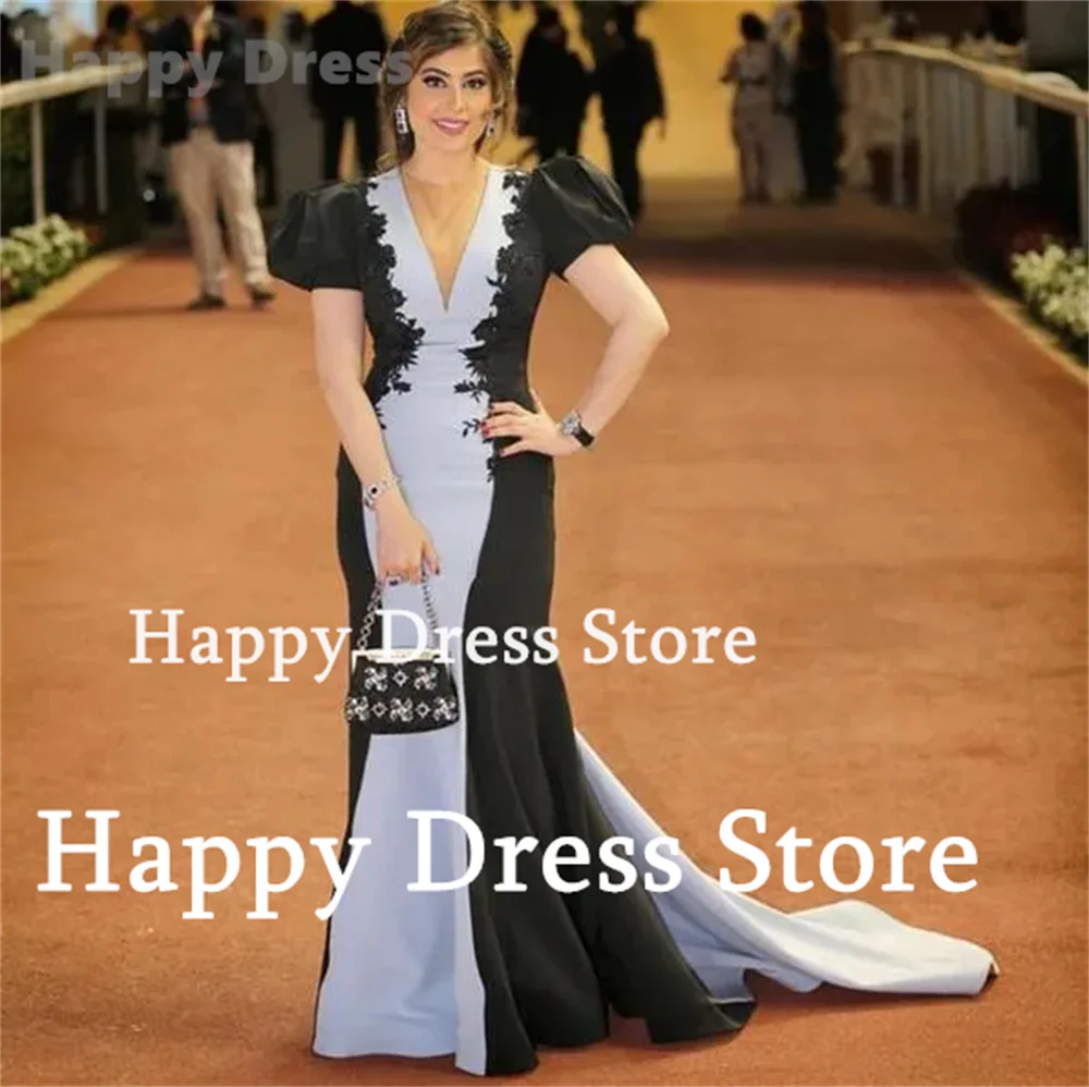 Women Formal Occasion Dress Deep V-Neck Contrast Short Sleeves Mermaid Satin Lace Appliques Evening Dress Sweep Train Party Gown