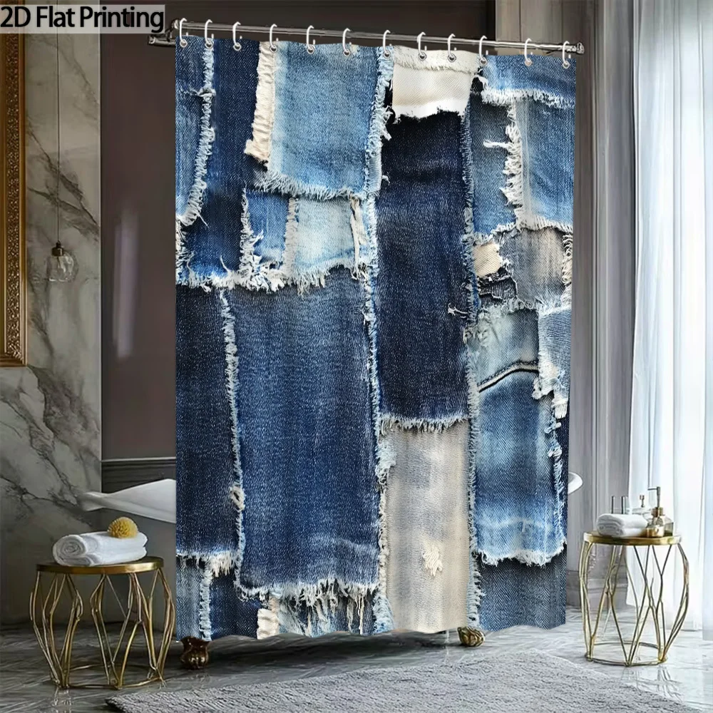 1pc Denim Patchwork Shower Curtain - Vintage Rustic Farmhouse Bath Curtain with 12 Hooks, Patchwork Panel (Denim Fabric), Bathtu
