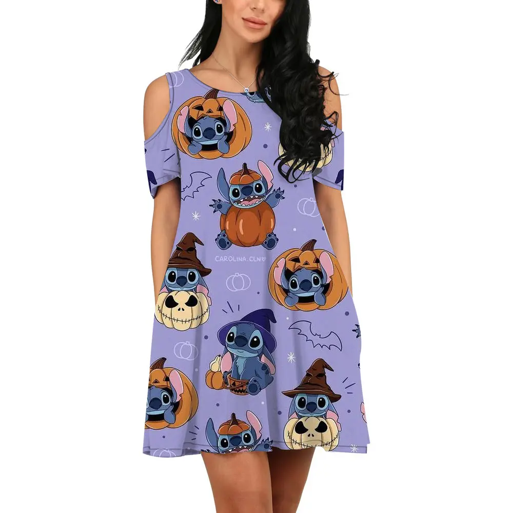 Disney Brand Stitch and Winnie the Pooh Anime 2022 Summer Harajuku Slim New Women's Printed Kawaii Off Shoulder Dress y2k