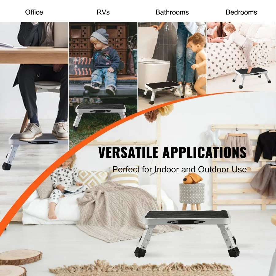 VEVOR สตูลขั้นบันได 1 ขั้น ความจุ 330 ปอนด์ บันไดเหล็กพับได้ 3 ปรับความสูงได้ สตูลขั้นเด็กวัยหัดเดินแบบพกพาสำหรับผู้ใหญ่ ไม่มี