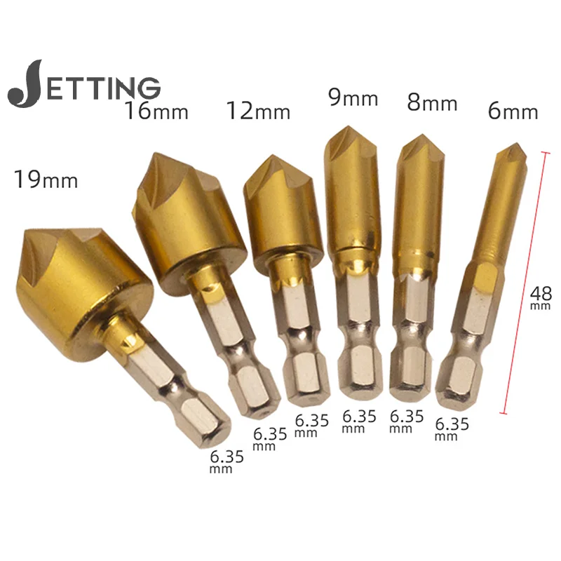 

6 шт. сверло с титановым покрытием 1/4 ''шестигранный хвостовик Высокоскоростная сталь 90 градусов деревянная фаска резак 6/8/9/12/16/19 мм
