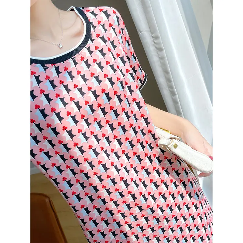 Fashion Printing Midi Dress Ladies Korean Temperament Floral O-neck Short Sleeve Midi Dress Women Clothes Loose Elegant Dress