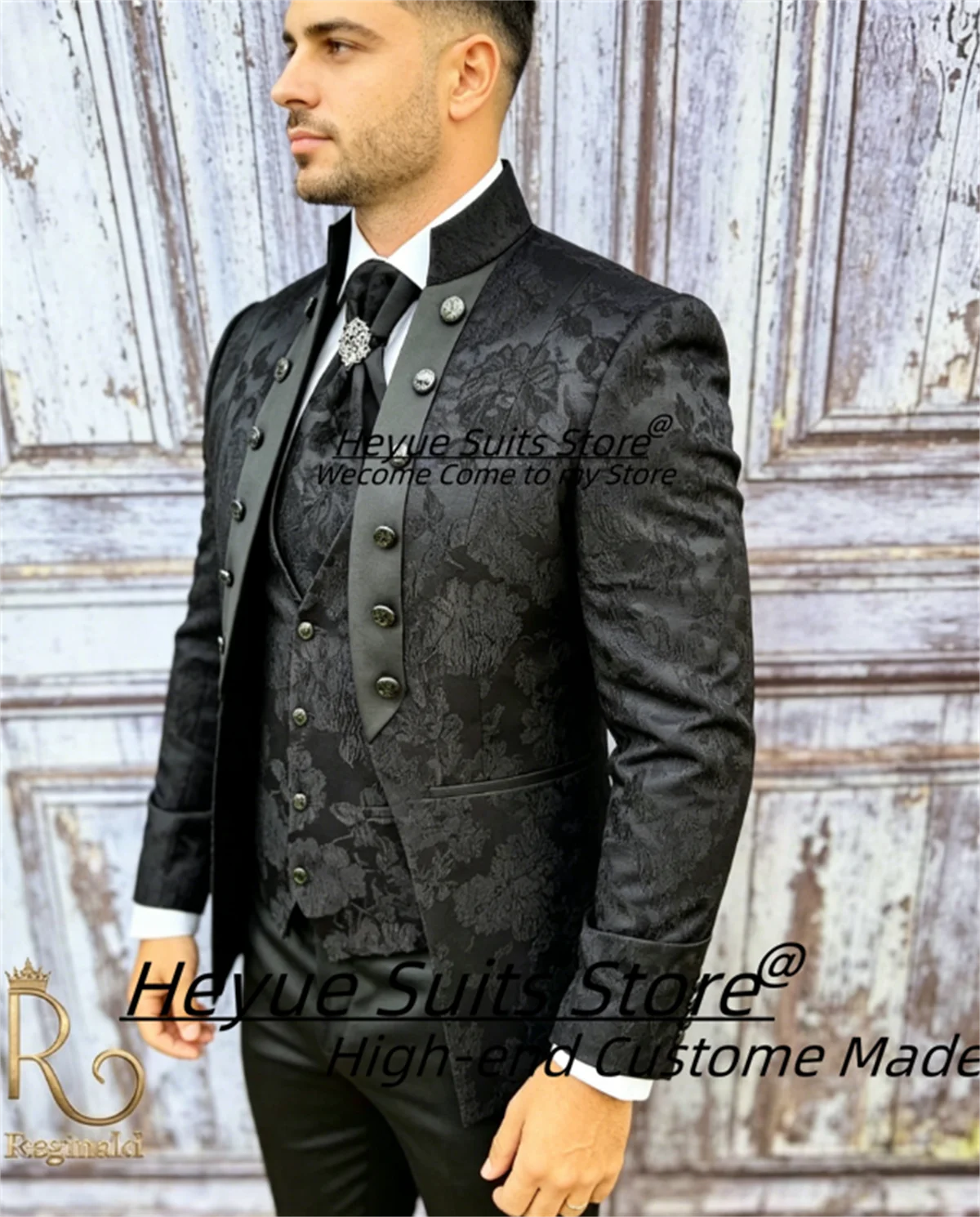 Elegant Jacquard Fashion Men Suits Customized Slim Fit Stand Collar Groom Wedding Tuxedos3Pcs Sets Male Prom Blazers Ropa Hombre