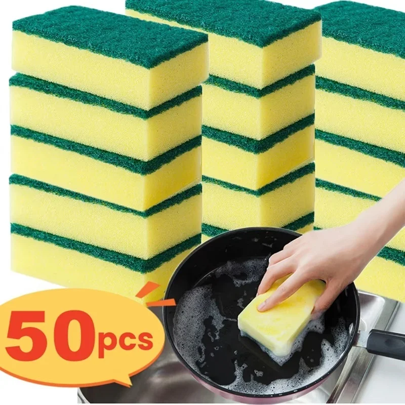 10-50pcs Kitchen Dishwashing Soft Sponge Absorbent Clean Rub Pot Rust Scouring Pad Removing Kits Household Cleaning Brush Sponge