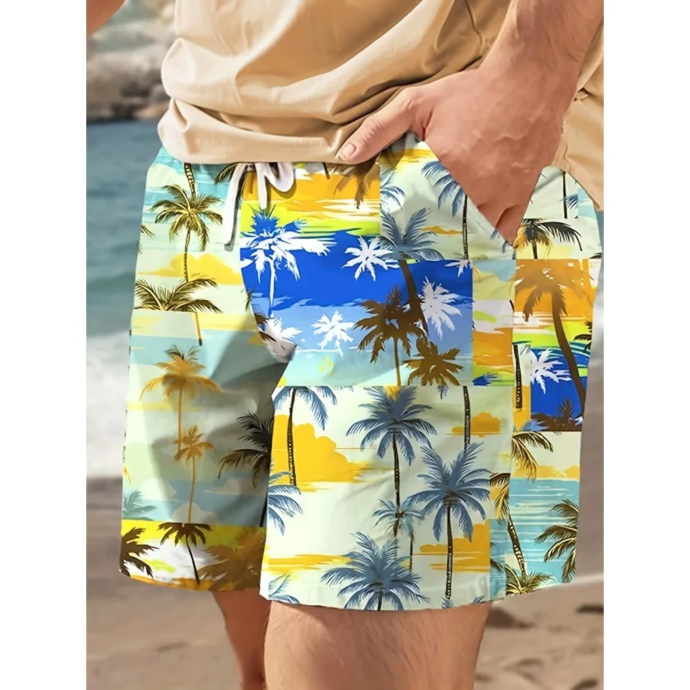 Men's Hawaiian beach swim trunks breathable and smooth fabric multi-color patchwork coconut tree print loose fit