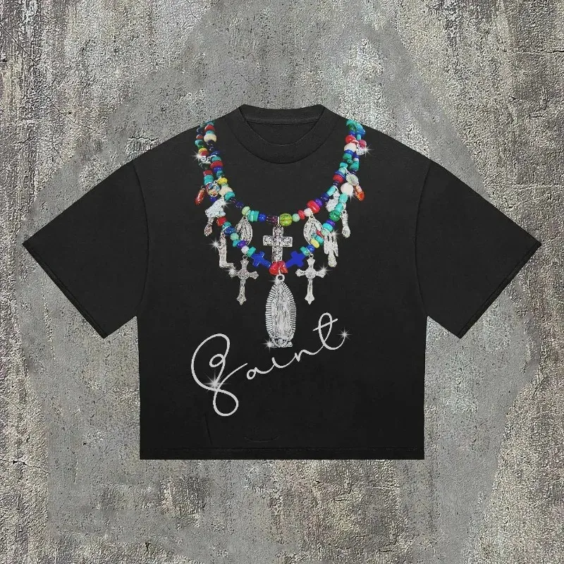 

Street vintage necklace print oversized T-shirt for women Y2K gothic Harajuku Fashion Loose short sleeve casual couple tops