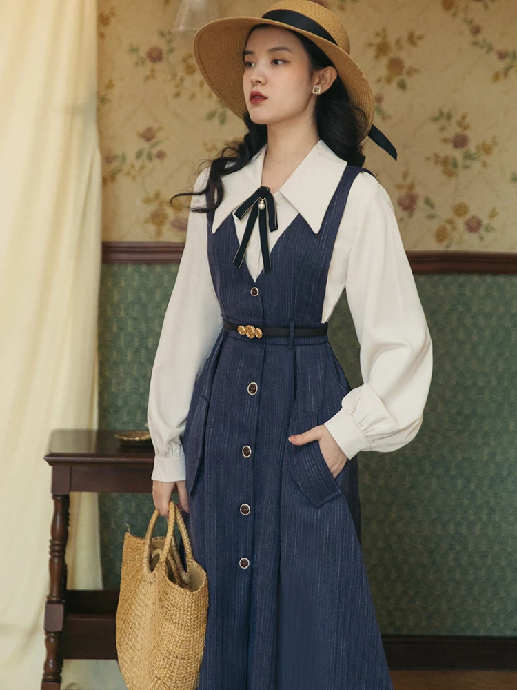 

Office Lady Two Piece Dress Set Women Autumn Winter White Blouse and Long Woolen Dress With Belt Outfits