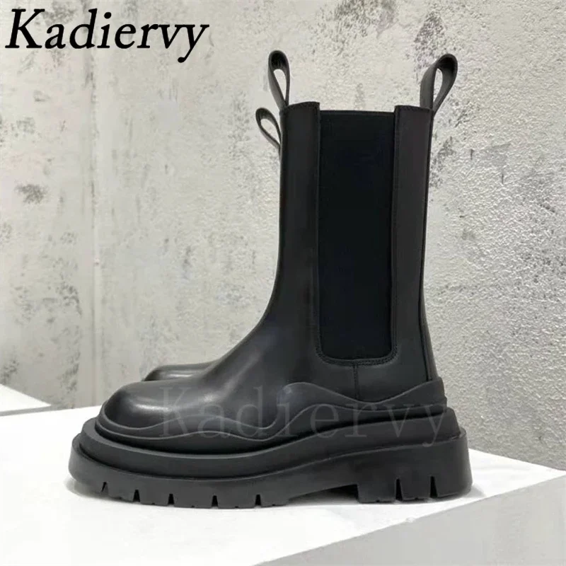 Thick Sole Chelsea Boots Women Slip-On Mid Calf Boots High-Quality Real Leather Shoes Classic Platform Motorcycle Boots Women