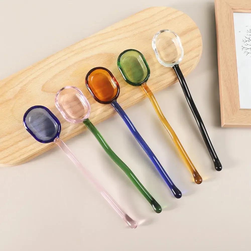 1pc Colorful Transparent Glass Spoon Thickened High Temperature Dessert Spoon Cute Long Handle Milk Coffee Stirring Spoon