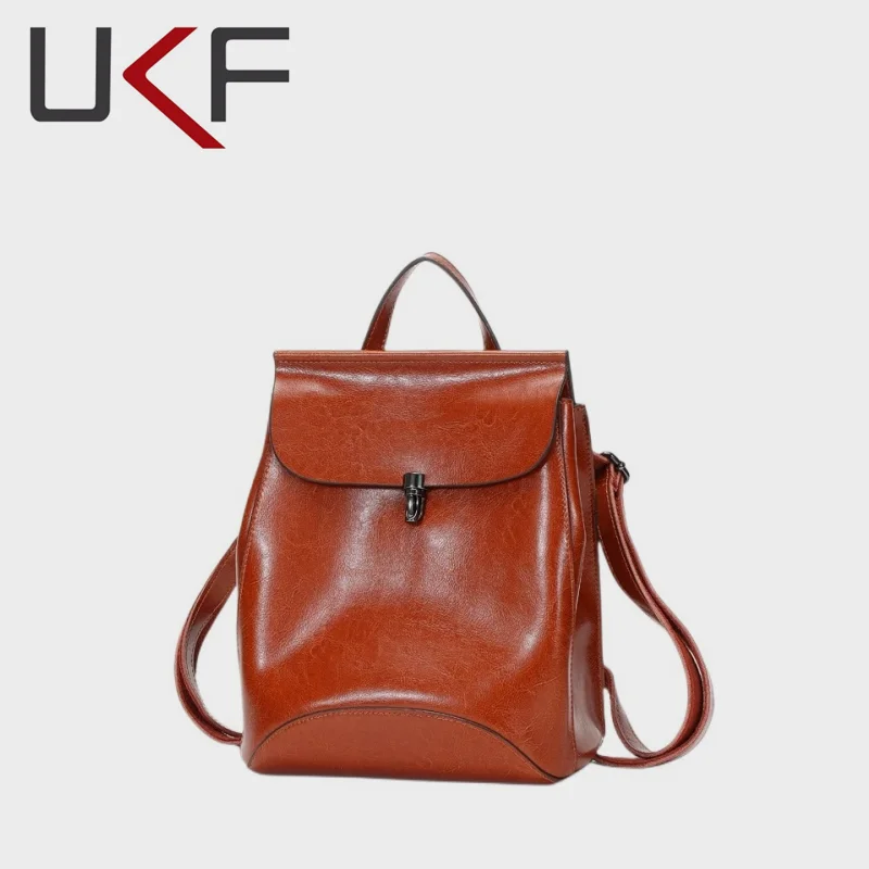 

UKF New Design Female Leather Backpack Pin Lock Anti Theft Leather Bagpack Outdoor Shopping School Bag For Women Shoulder Bag