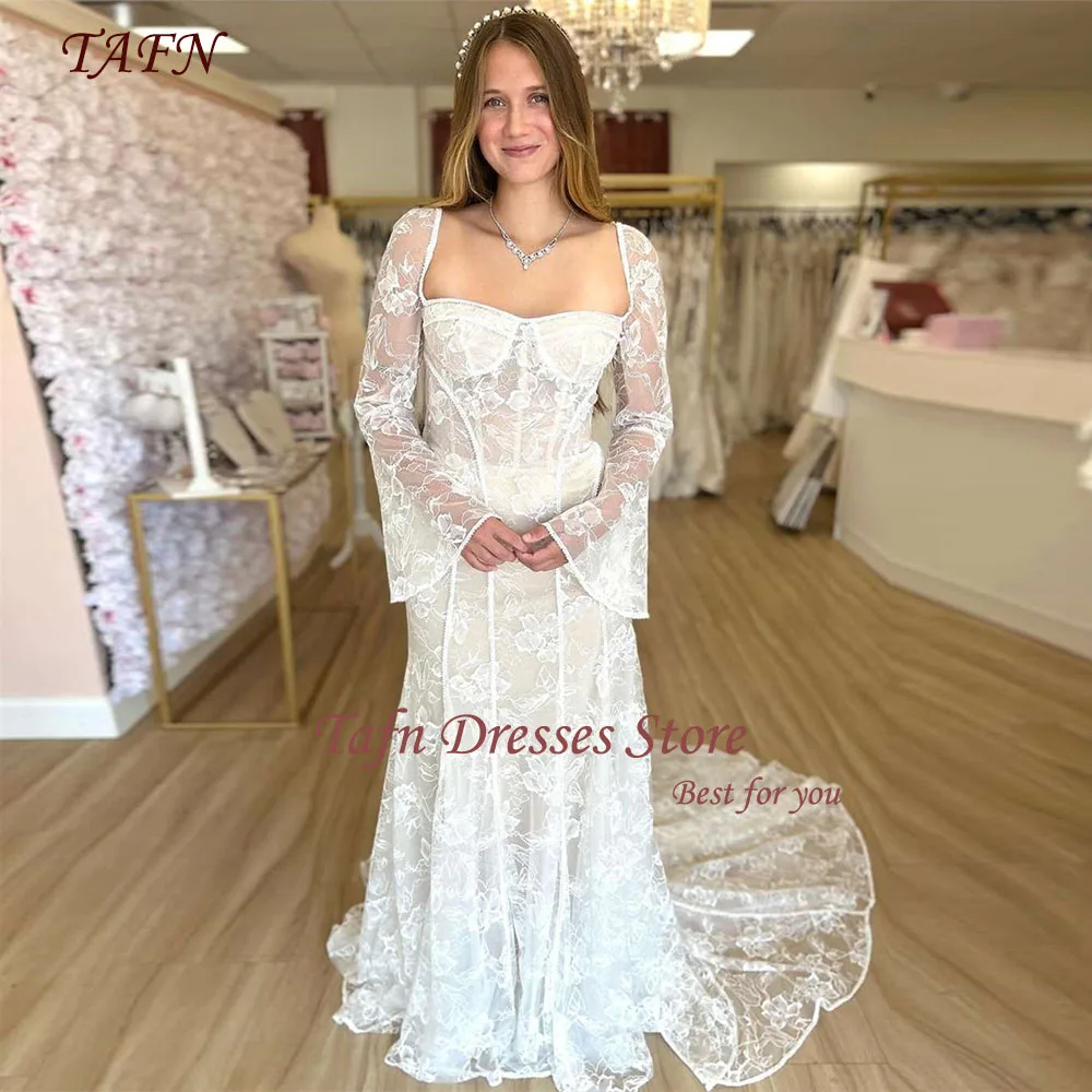 

TAFN 2025 Mermaid Lace Wedding Party Dresses Court Train Long Sleeves Bridal Gown Floor-Length Vintage vestidos de novias