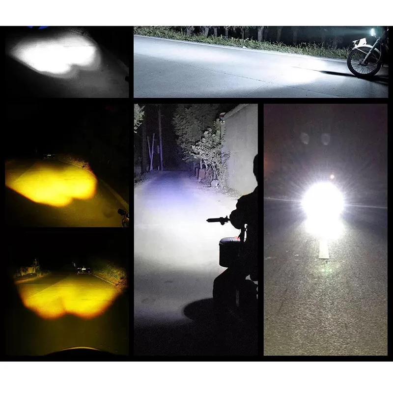 2PCS Super Bright LED Two-Color White Amber Spotlight + 1pcs ON-ON-OFF Switch, Waterproof auxiliary Motorcycle Headlight Fog Lig