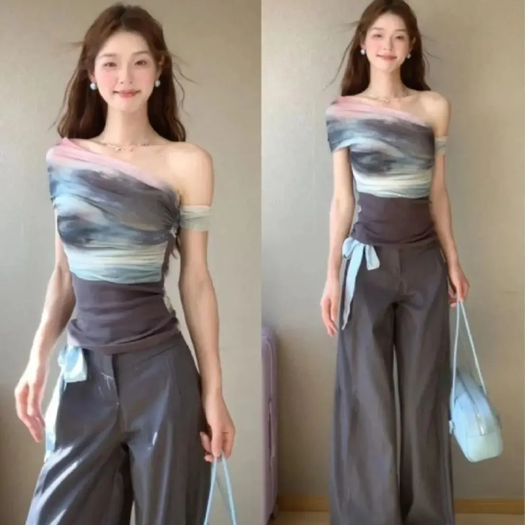 

American Hot Girl Two-Piece Set Diagonal Collar Off-Shoulder Top High Waist Wide-Leg Pants Women Summer New Niche Design Set