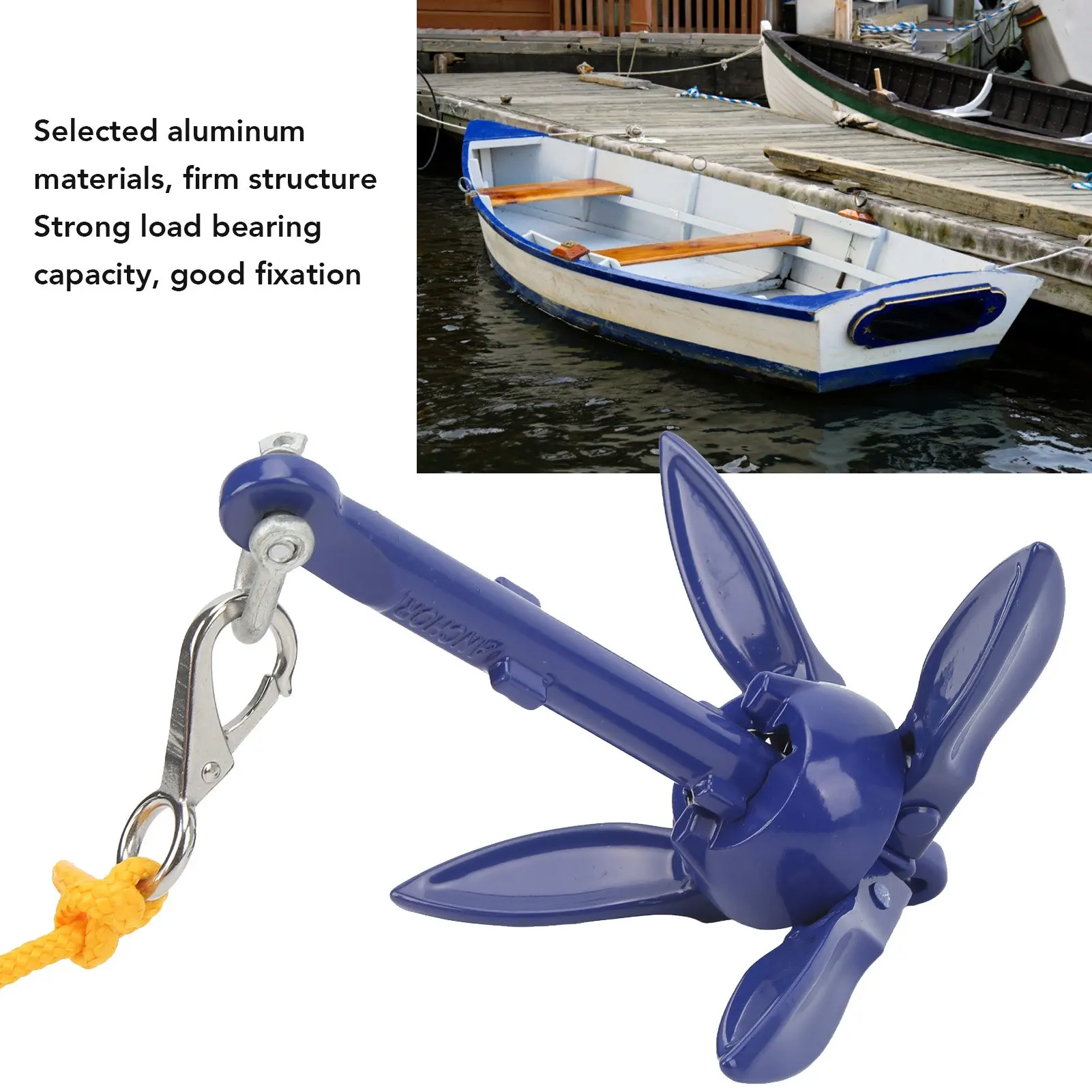 Marine Anchor Blue Aluminium Foldable Boat Kayak Anchor with Yellow Rope for Fishermen view 5