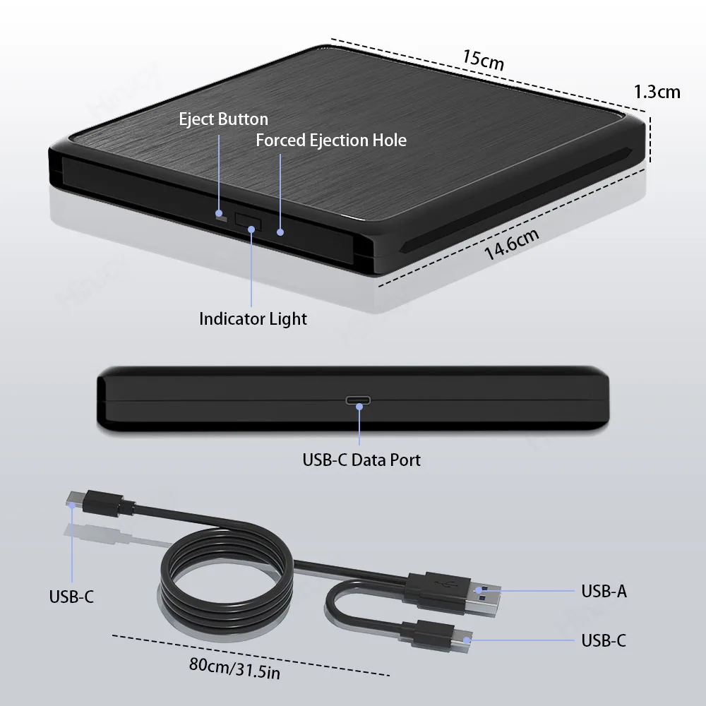 USB3.0 External CD DVD RW Optical Drive Long Data Cable CD/DVD Player Burner Writer for Laptop Desktop PC Windows 11 10 Mac OS