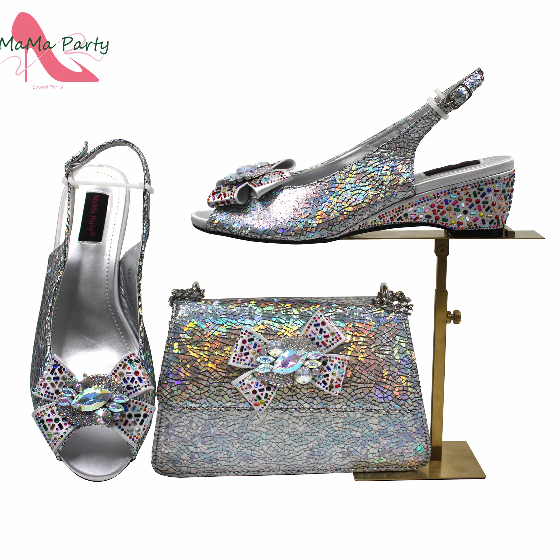 2025 Shinning Crystal with Mid Heels Appliques African Women Shoes Matching Bag for Wedding Party in Silver Color