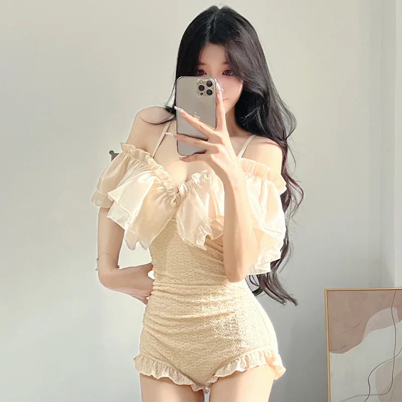 Women Bikini Bath Outlet Set Swimsuit Female Mayo Swim Mesh Lace Camisole Shoulder Slimming Sexy Hot Spring Vacation Polyester