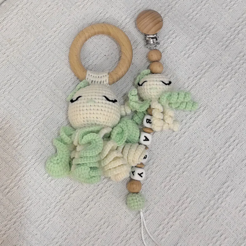 Hochet en Bois avec Nom Personnalisé pour Bébé, Jouets de Dessin Animé, Poulpe Doudou au Crochet, Serviette de Couchage, Poupées, Apaise Security ase, Nouveau-Né