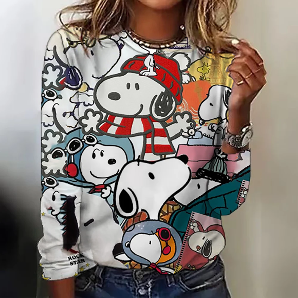 Women\'s Snoopy print long-sleeved tops round neck casual tops 3d printed Cartoon fashion stickers printed women\'s long-sleeved T