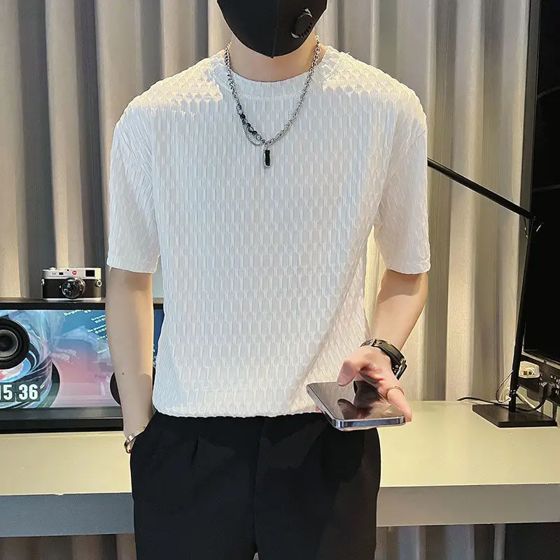 2023 Summer Men's Clothing Trend Slim Fashion Casual Short Sleeve Round Neck Solid Color Jacquard Weave Korean Version T-shirt