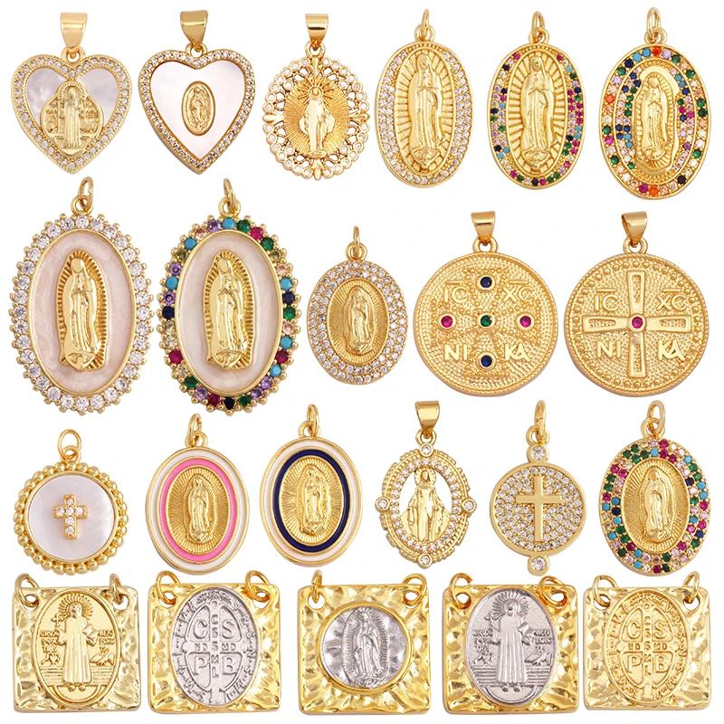Religious Style Holy Virgin Mary Jesus Geometry Charm Pendant,18K Gold Inlaid Zirconia Jewelry Necklace Accessories Supply K37