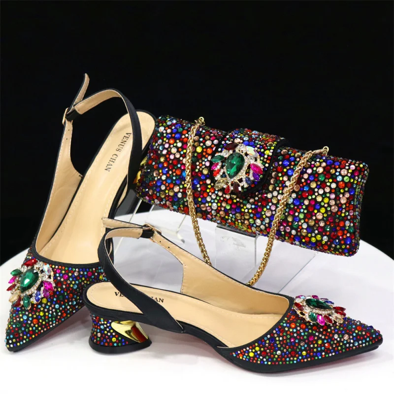 

Women's Bag Shoe and Bag Set Combination Low Heel Pointed Toe Women's Strap Heel Sandals Matching Small Square Bag Bag