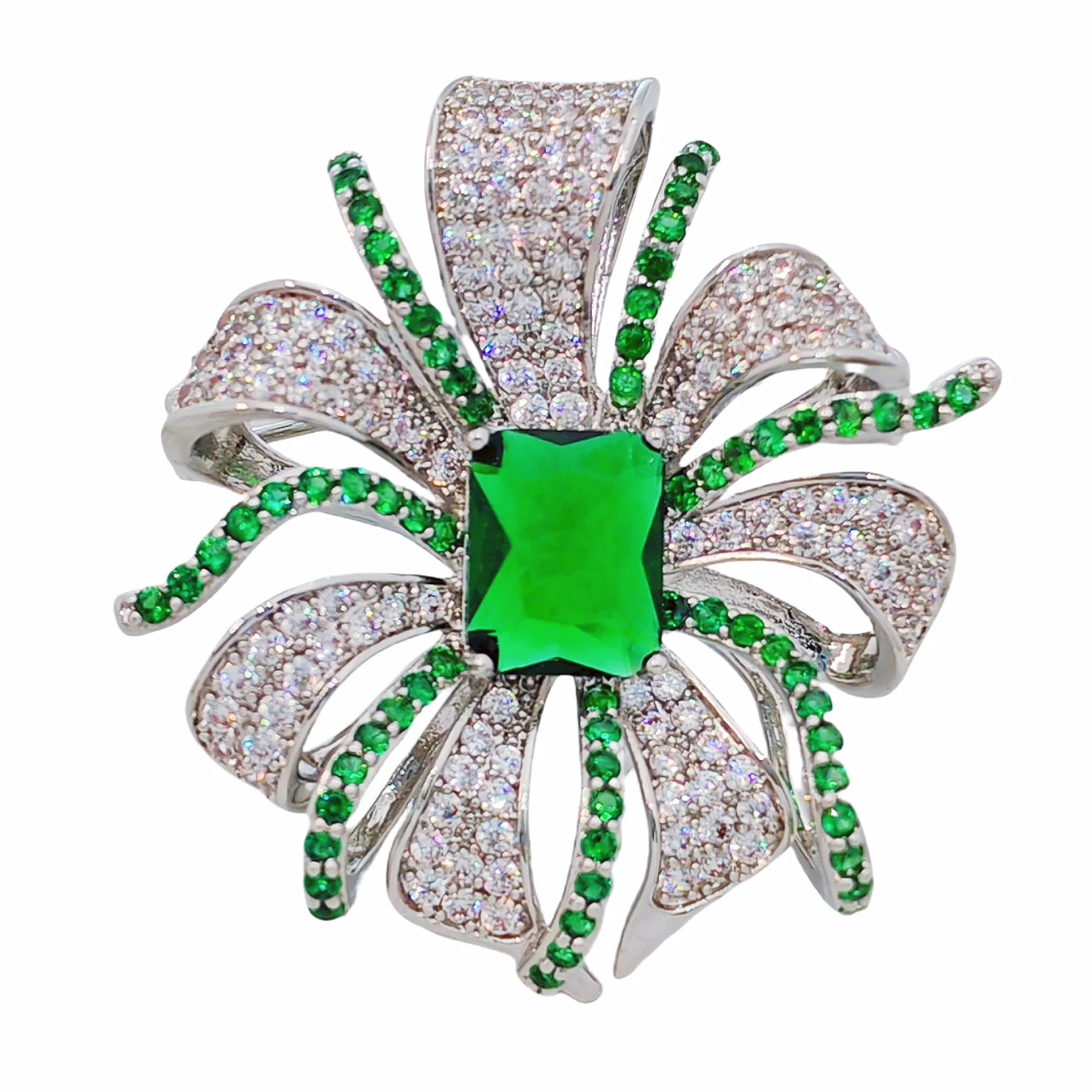 Flower Brooch with Green Main Stone and Curved Green Stamen – Micro Pave Zircon Flower Design