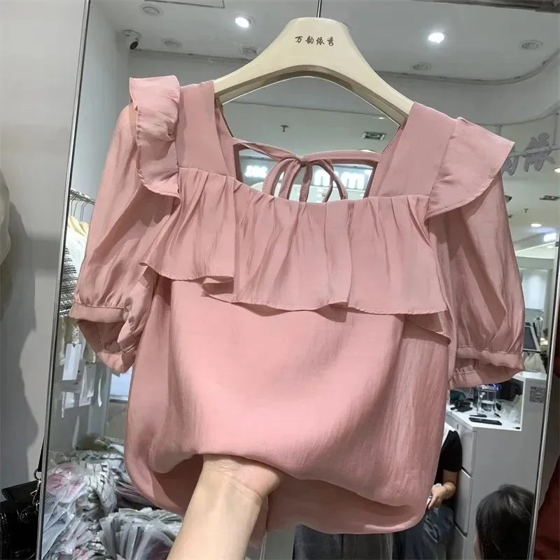 

Short Sleeve Shirts Womens Tulle Pleated Pintuck Tunic Home Comfort Fairycore Artistic Feminine Student Youthful Girlish