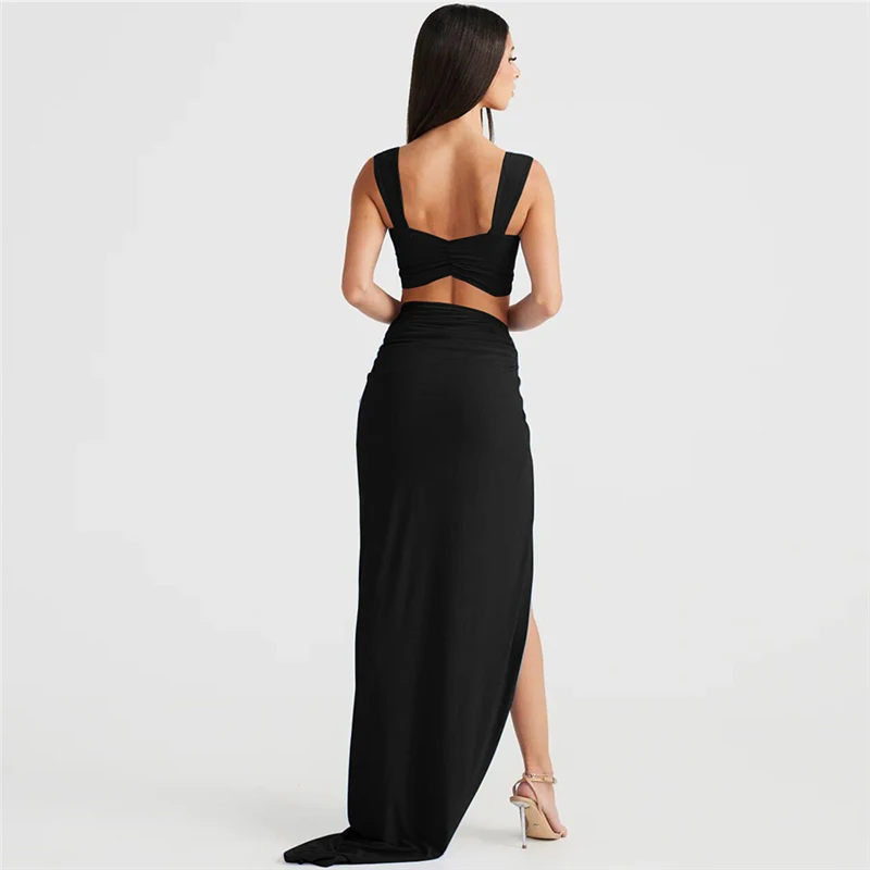 Two Piece Set Women Solid Outfits Sexy Sleeveless Corset Crop Top+High Waist Slit Maxi Skirts 2024 Spring Summer Beach Clothes