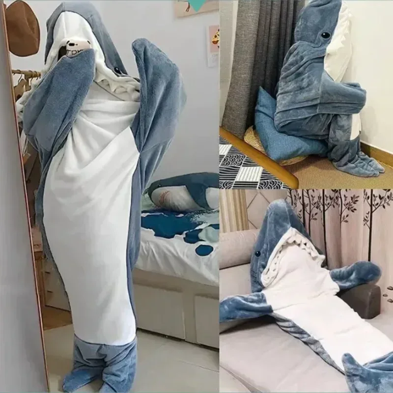 1-2PCS Shark Onesie Pajamas Super Soft Comfy Warm Shark Blanket Adult Cute Loose Hooded Pajamas Shark Adult Sleeping Blanket