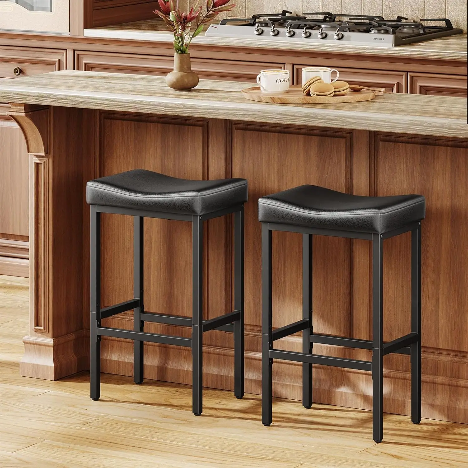 

24 Inch Counter Height Bar Stools Set of 2, Compact Faux Leather Stools with Saddle Seat & Metal Legs, Easy Assembly, Black