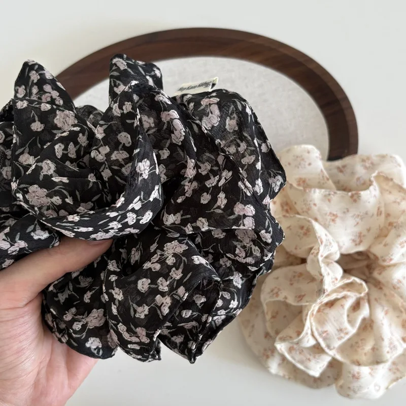

1 шт., большая двухслойная резинка для волос с цветочным принтом для женщин, мягкая тканевая эластичная резинка для волос с рюшами и бантом, аксессуар для волос для хвоста, пучок, подарок