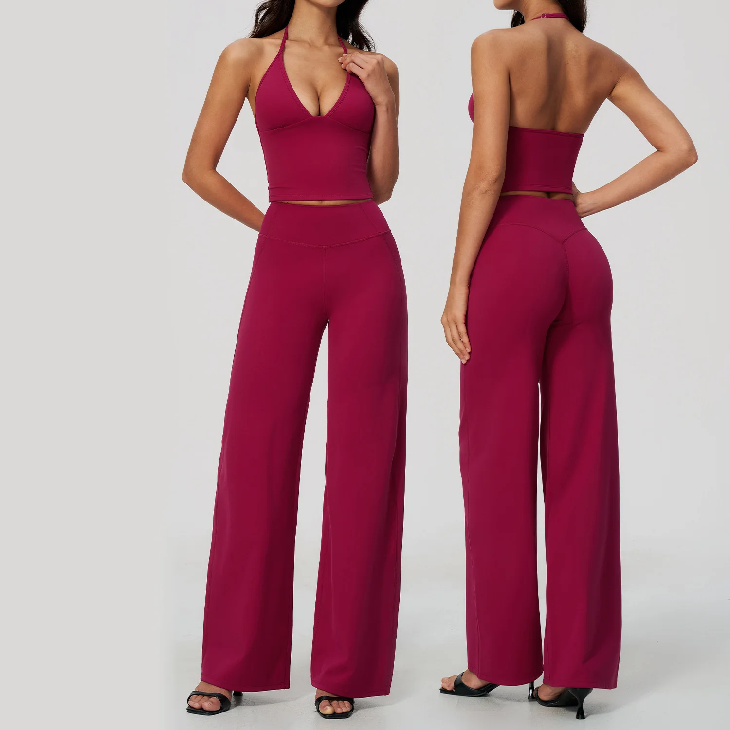 Women's Fitness Set Gym Tracksuit Deep V Neck Sports Bra Flared Trousers Suit Workout Clothing Sportswear Female Athletic Wear
