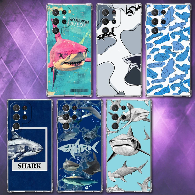 Doodle Style Shark Collage Soft Phone Case For Samsung Galaxy S26 S25 Edge S24 S23 Ultra S21 S20 FE S22 Plus + Pattern Back Cove