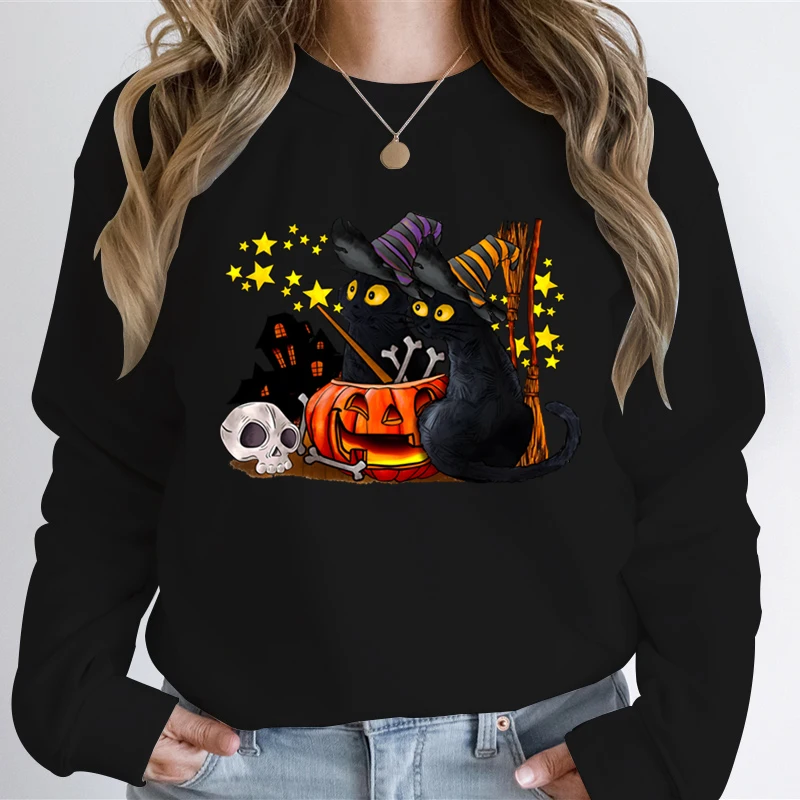 Cat Lover Halloween Ghost Sweatshirts Women Skeleton Black Cat Print Sweatshirt Hoodie Skeleton Pumpkin Halloween Ghost Hoodies