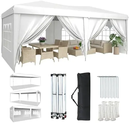 10x20 Pop Up Canopy Tent with 6 Removable Sidewalls, One Push Party Tent Waterproof Outdoor Canopy with 3 Adjustable